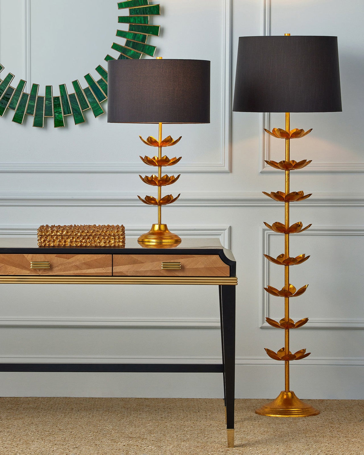 65-Inch Gold Leaf Iron Floor Lamp with Lotus Accents