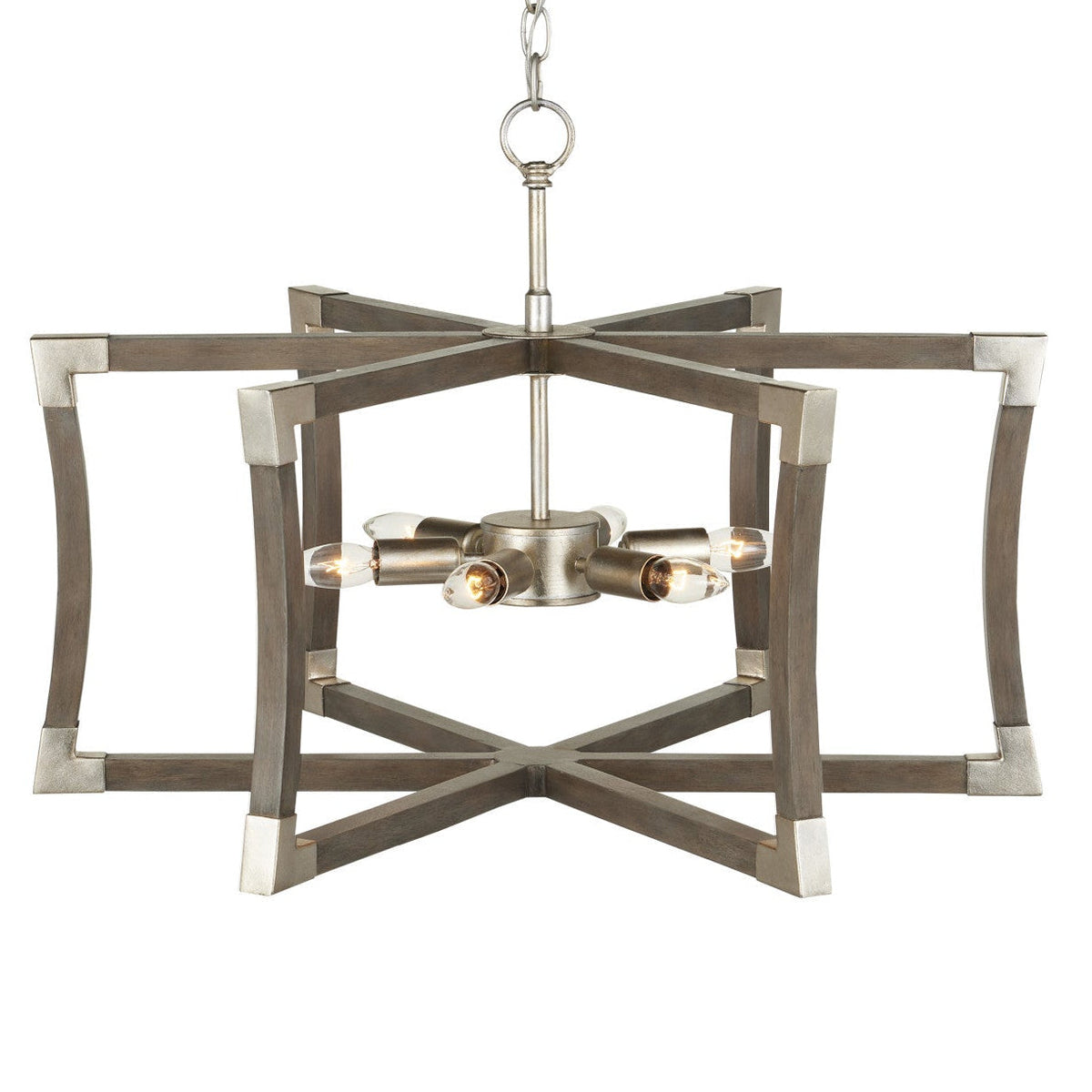 27-Inch Gray Wood and Silver Leaf Six-Light Semi-Flush Mount