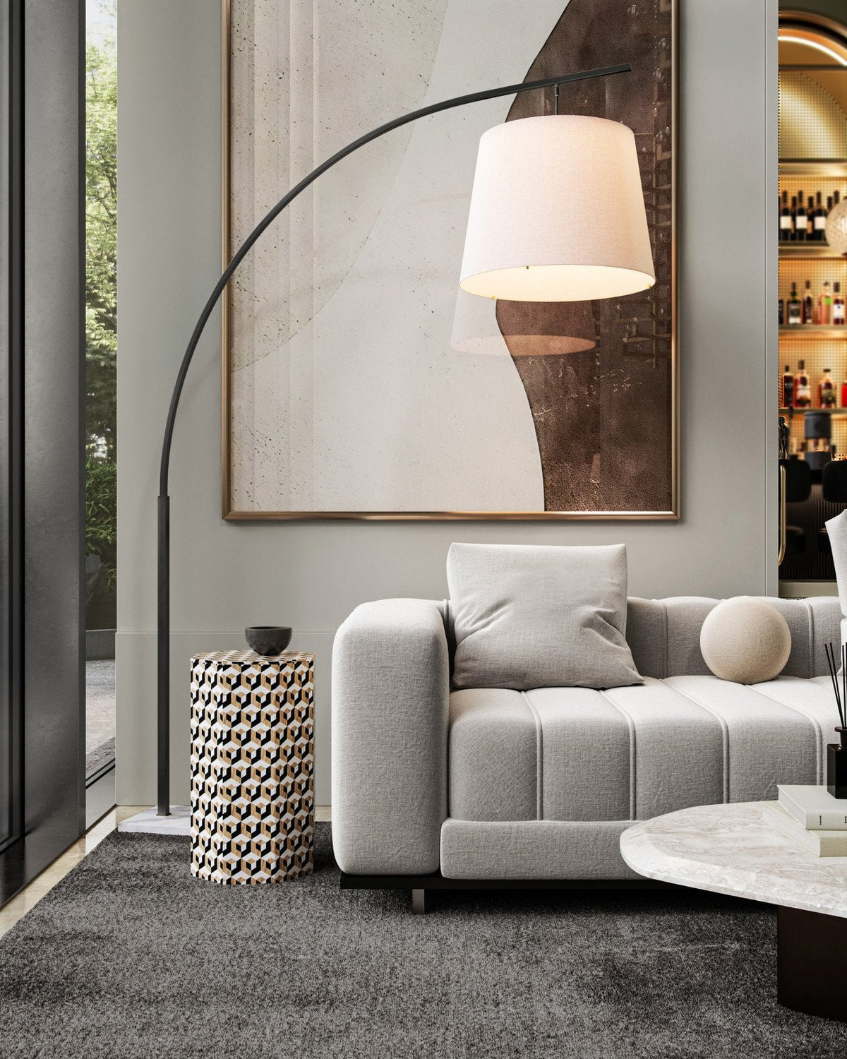 Lampadaire arqué en fer forgé de 87 pouces avec base en marbre