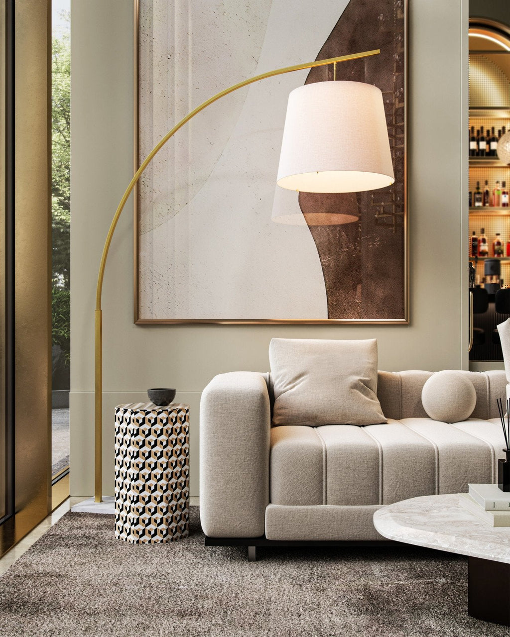 Lampadaire arqué en fer forgé de 87 pouces avec base en marbre