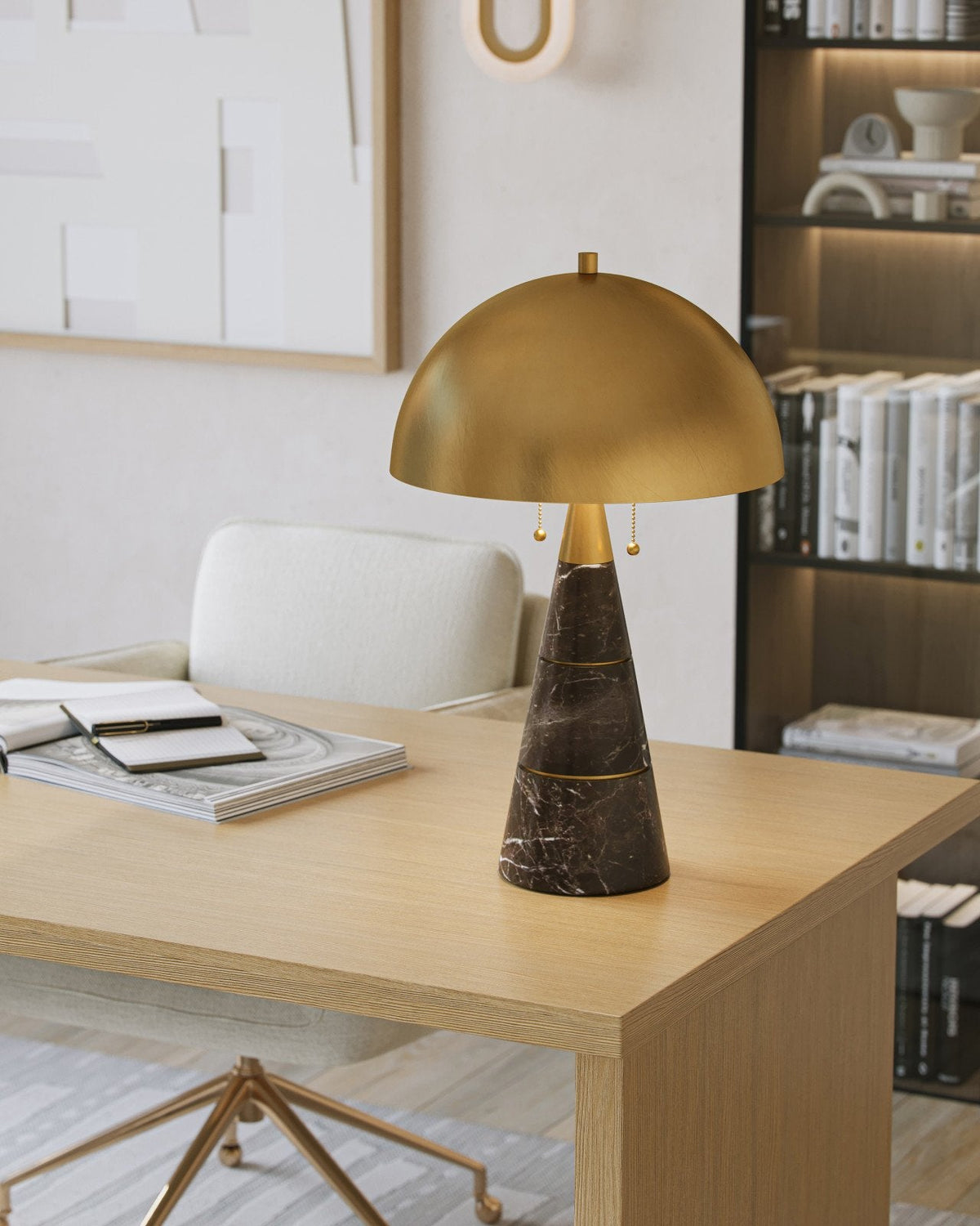 24-Inch Brown Marble Desk Lamp with Brass Dome Shade