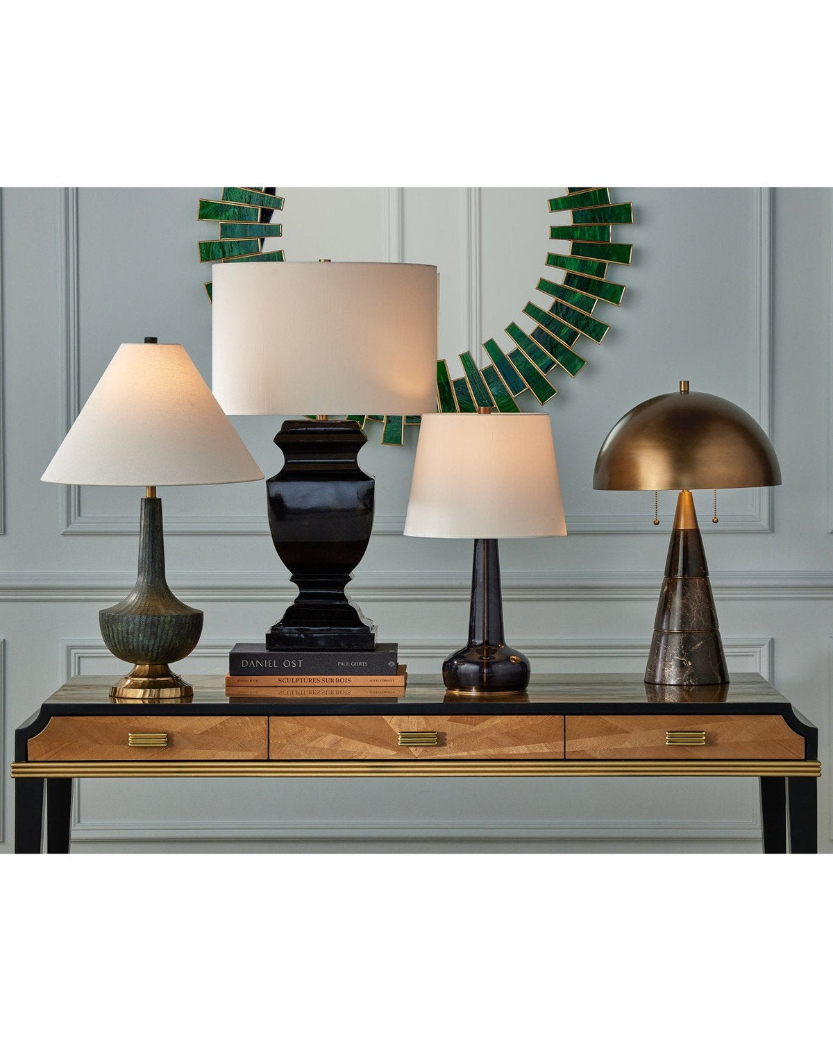 24-Inch Brown Marble Desk Lamp with Brass Dome Shade