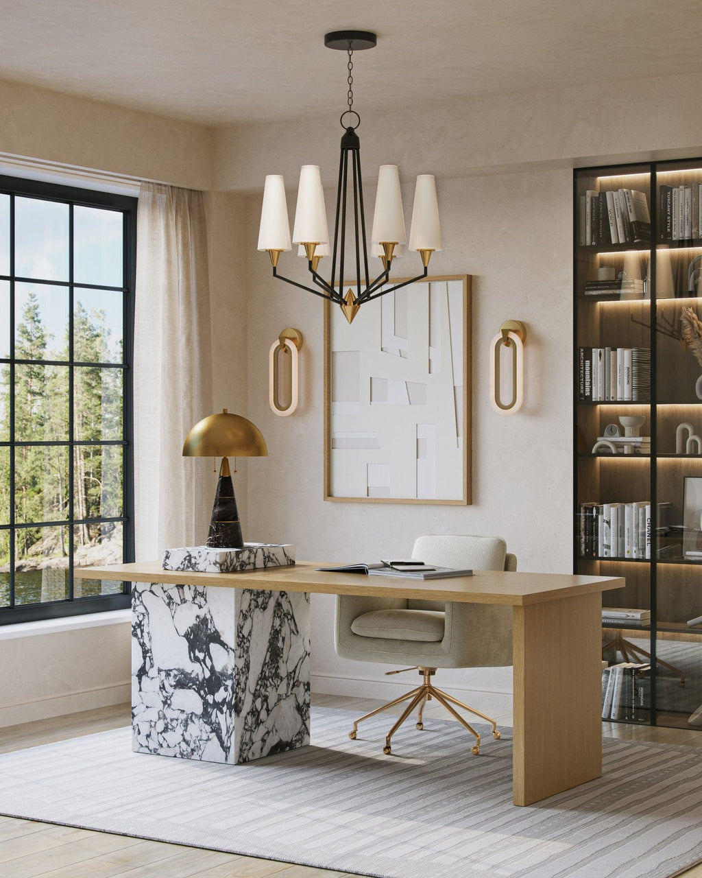 Lampe de bureau en marbre brun de 24 pouces avec abat-jour en dôme de laiton