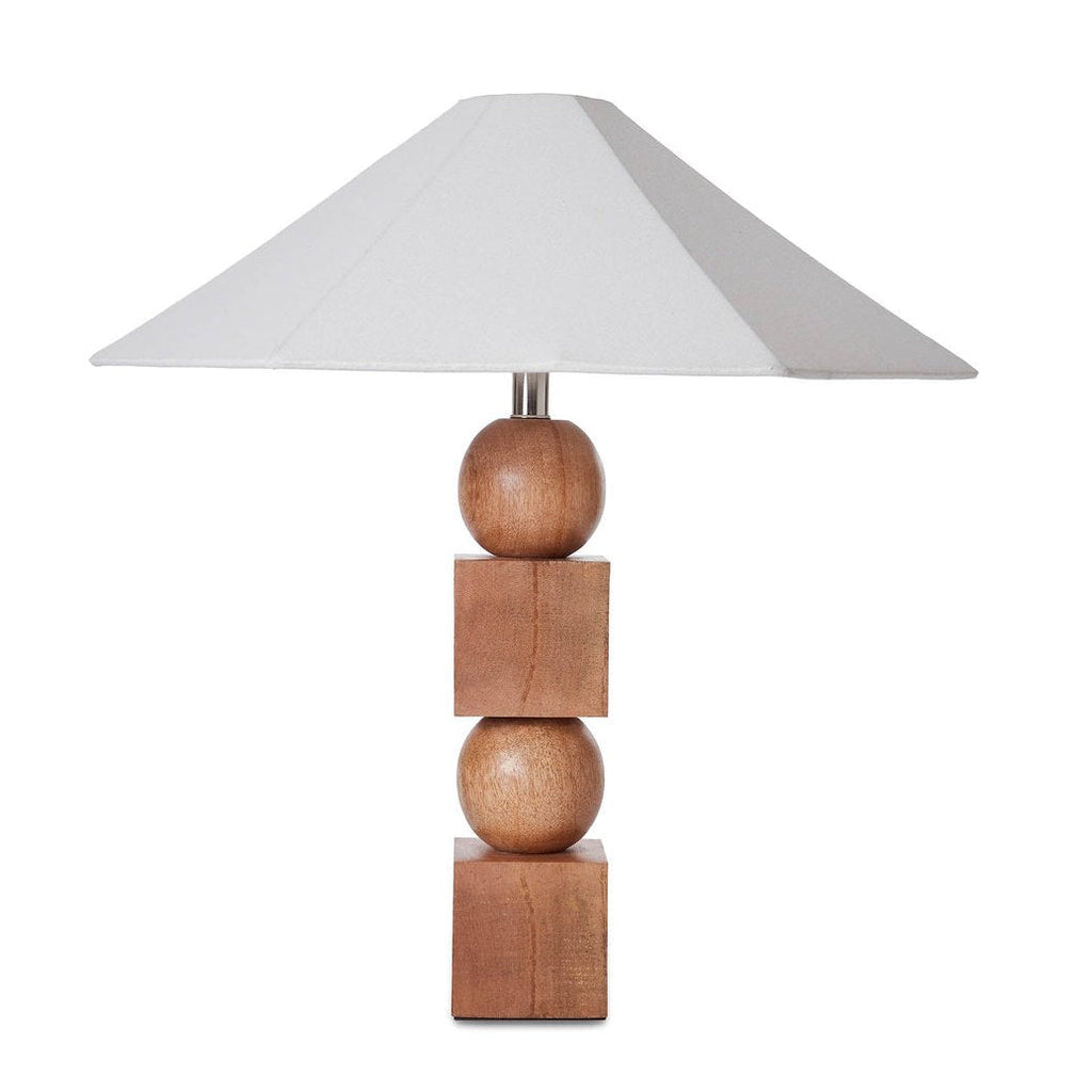 23-calowa geometryczna lampa stołowa z drewna mango z abażurem z bawełny