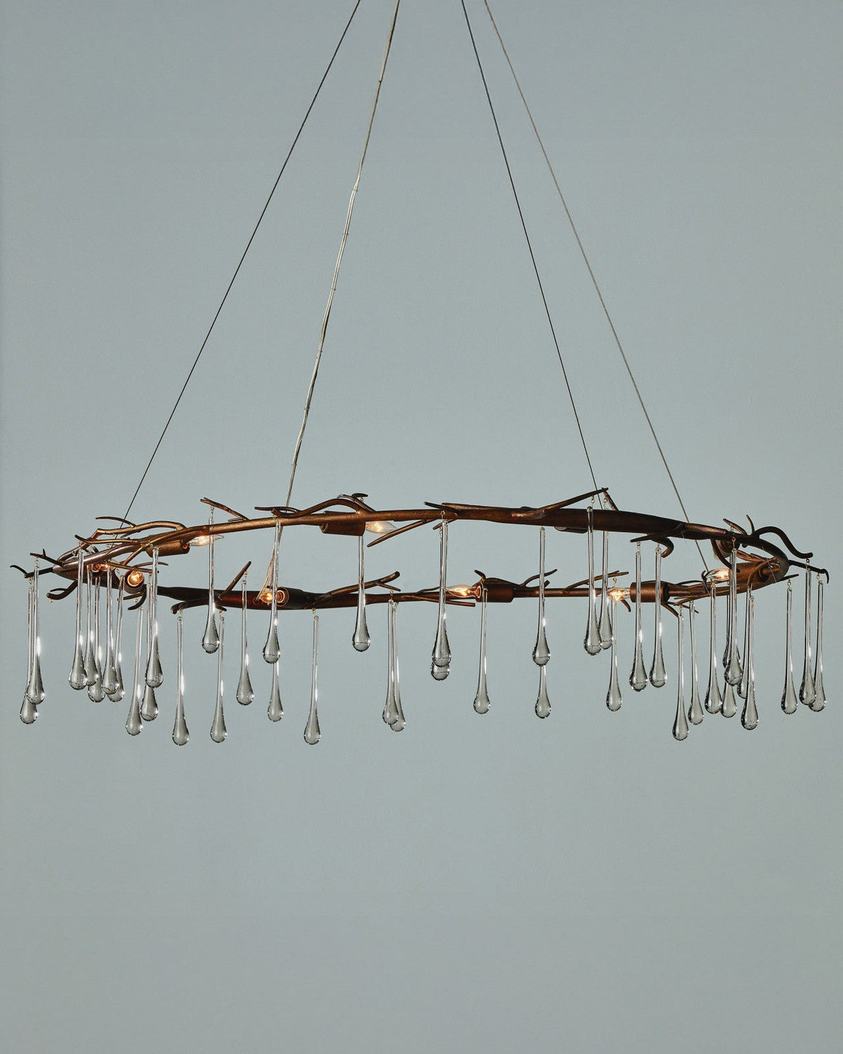 Ten-Light Gold-Finish Twig Iron and Glass Drop Chandelier