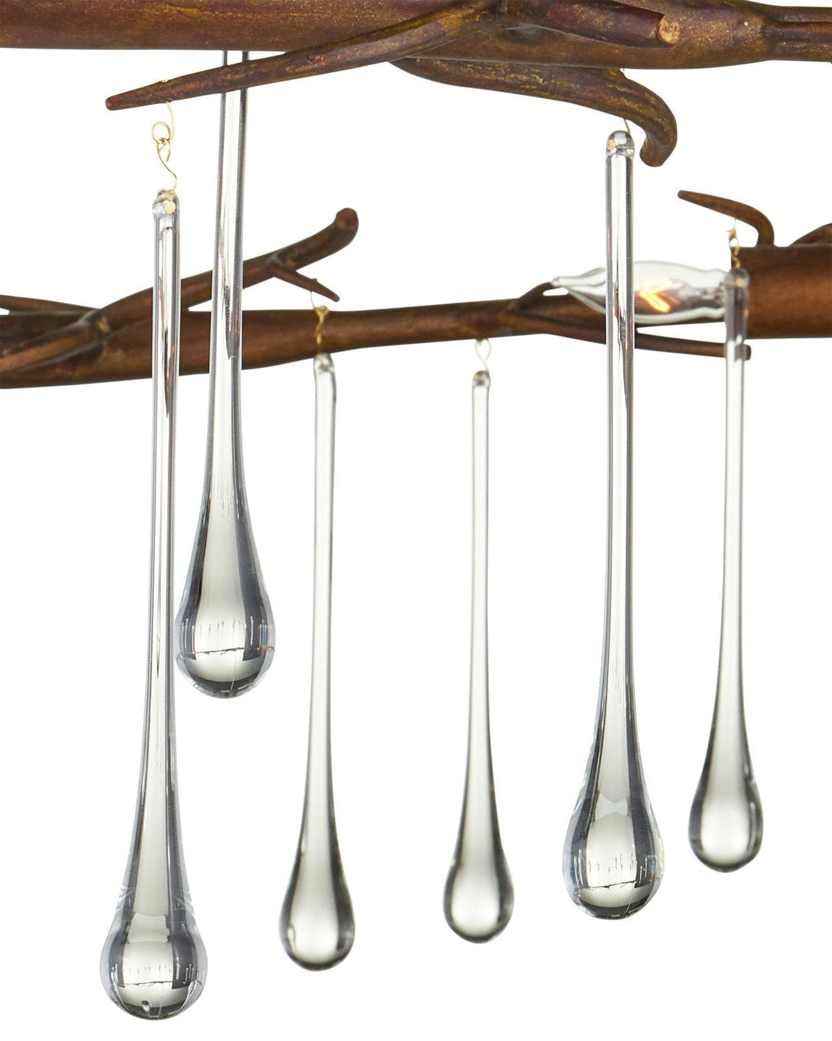 Ten-Light Gold-Finish Twig Iron and Glass Drop Chandelier