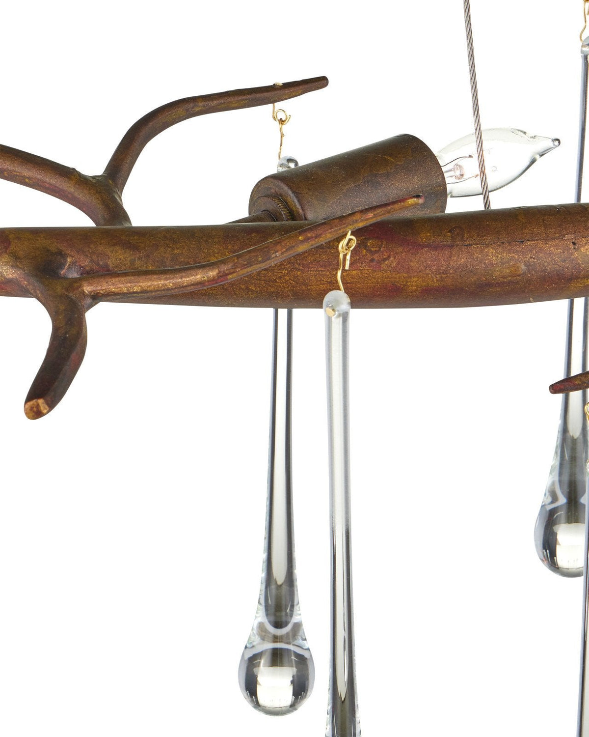 Ten-Light Gold-Finish Twig Iron and Glass Drop Chandelier