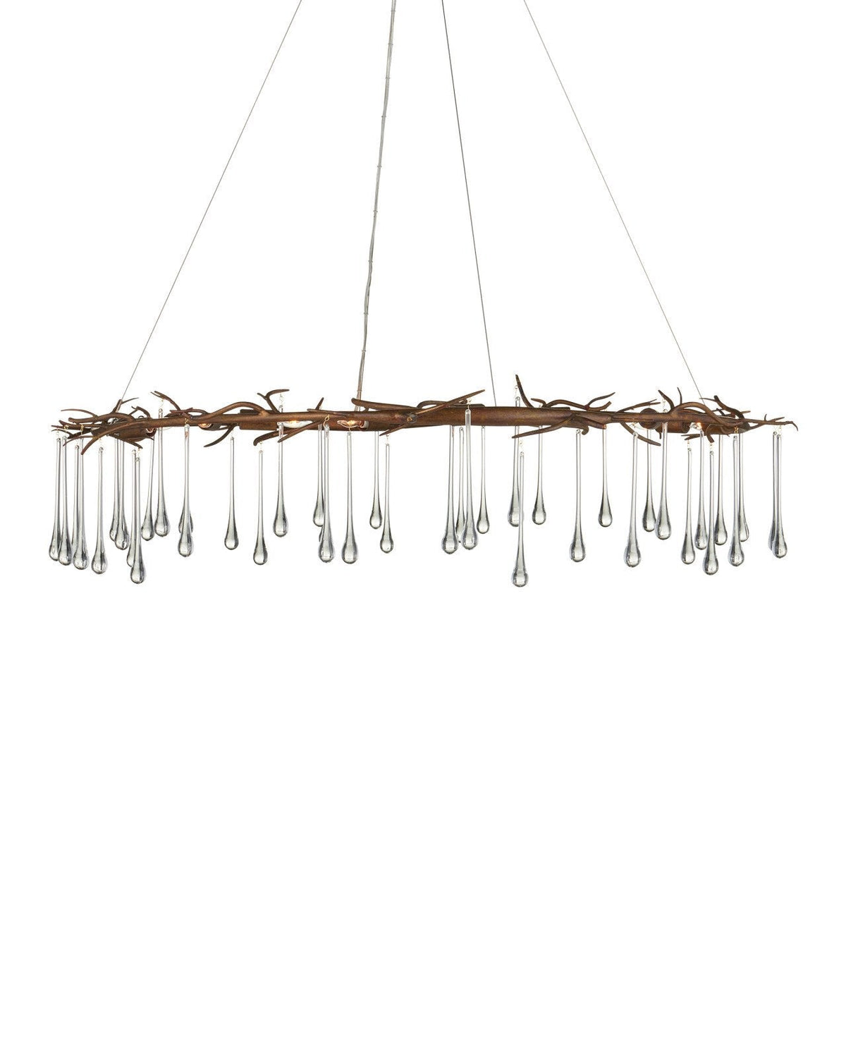 Ten-Light Gold-Finish Twig Iron and Glass Drop Chandelier