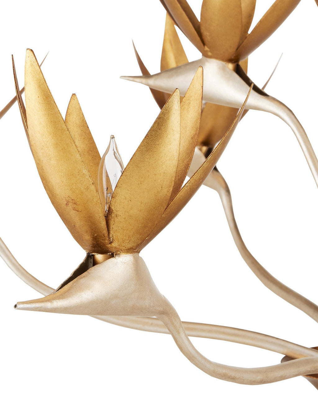 Neunflammiger botanischer Eisenkronleuchter mit Silber- und Goldblatt