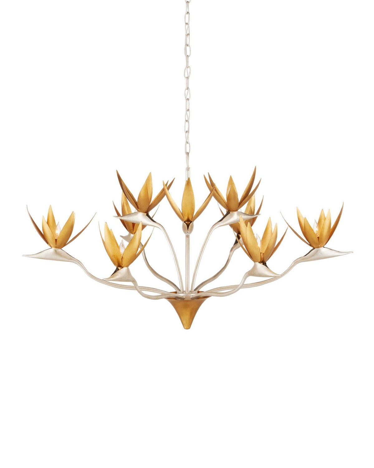 Nine-Light Silver and Gold Leaf Botanical Iron Chandelier