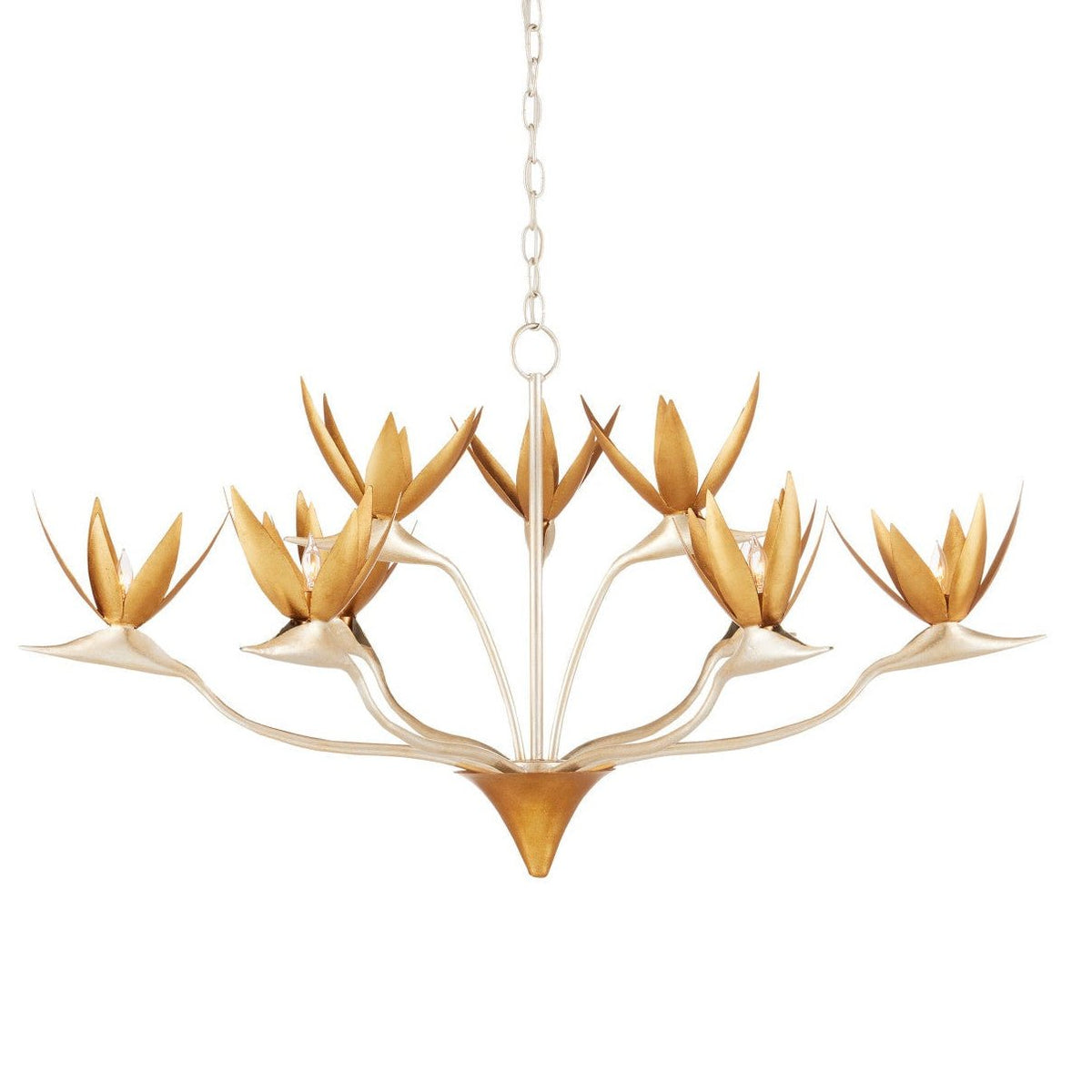Nine-Light Silver and Gold Leaf Botanical Iron Chandelier