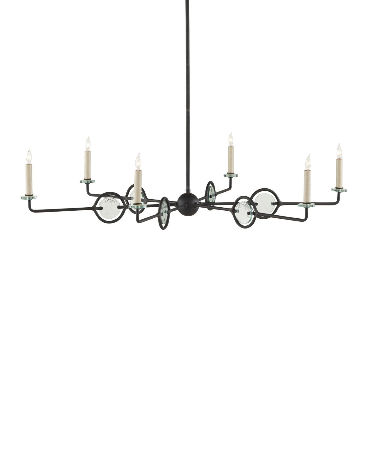 Six-Light Black Wrought Iron and Recycled Glass Chandelier