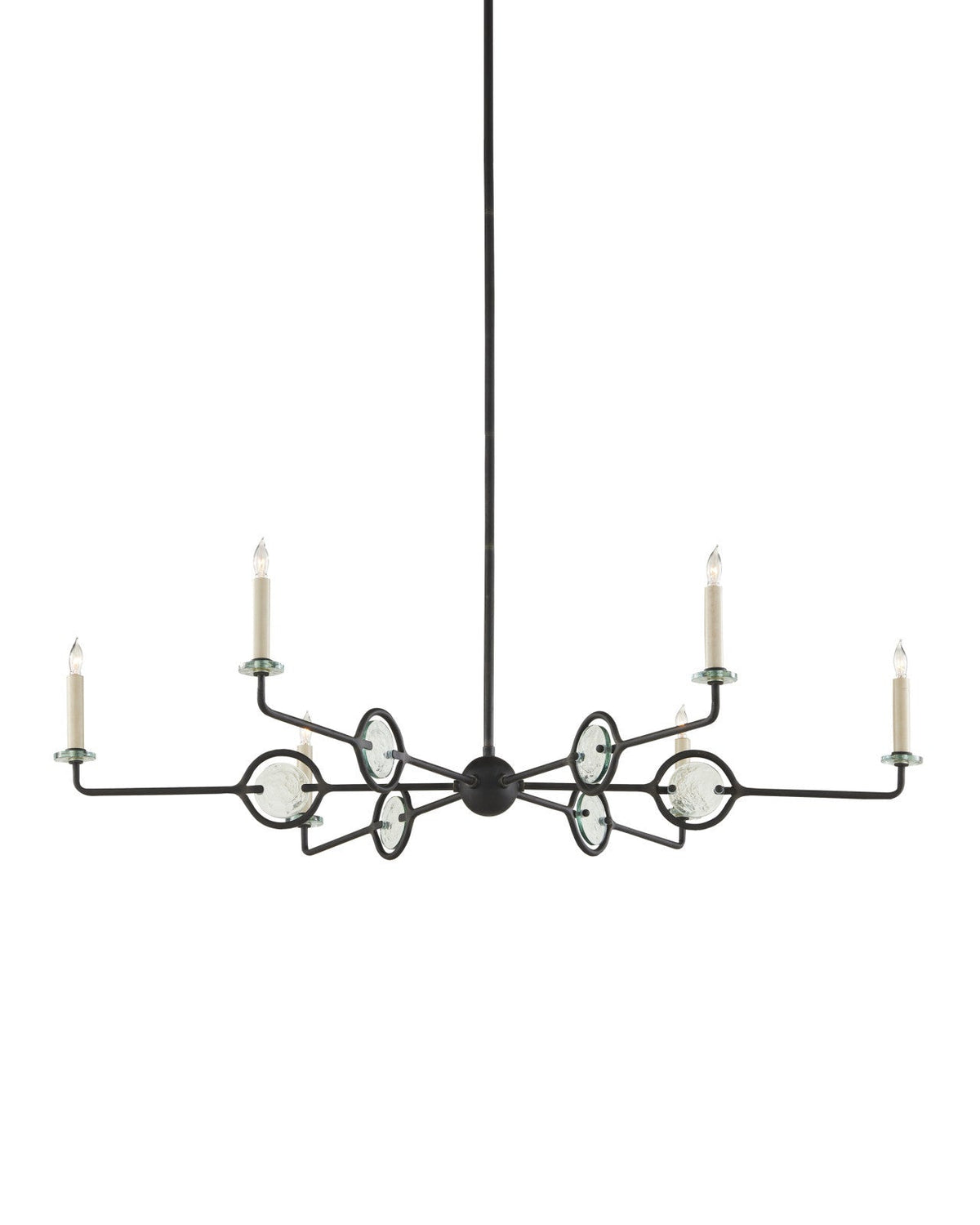 Six-Light Black Wrought Iron and Recycled Glass Chandelier