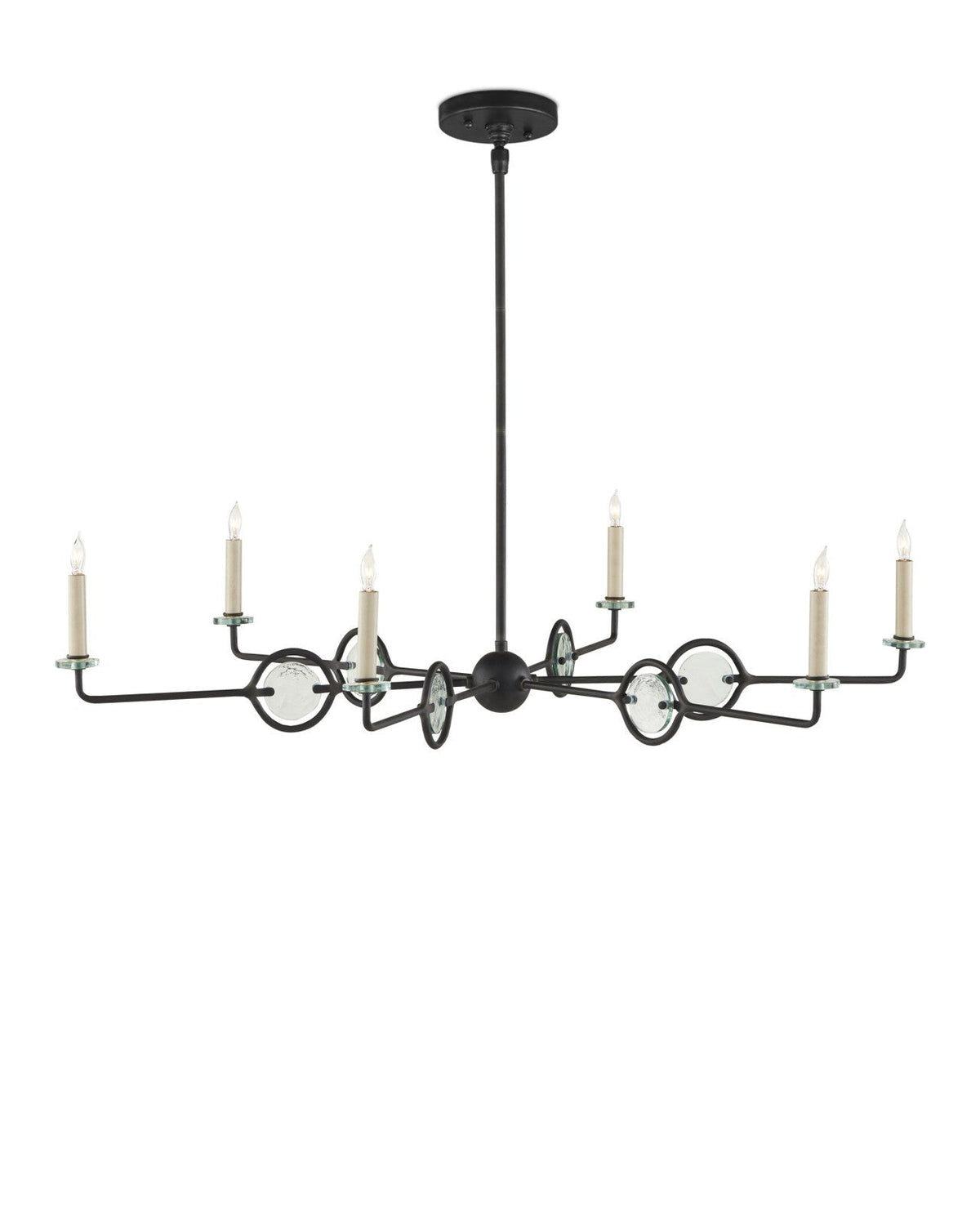 Six-Light Black Wrought Iron and Recycled Glass Chandelier