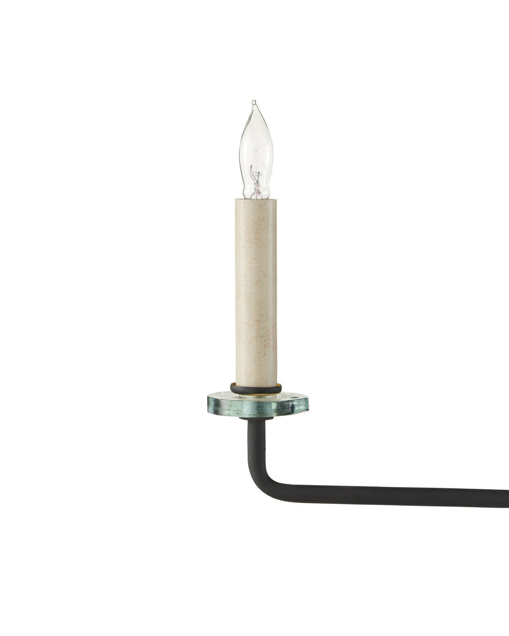 Lampadario a sei luci in ferro battuto nero e vetro riciclato