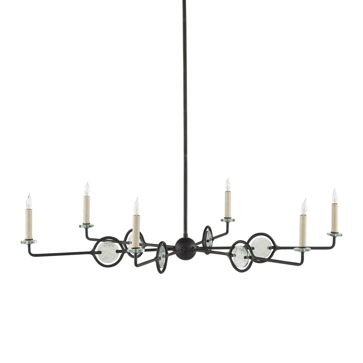 Six-Light Black Wrought Iron and Recycled Glass Chandelier