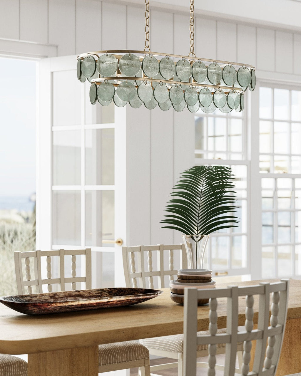Silver Leaf and Recycled Glass Five-Light Linear Chandelier