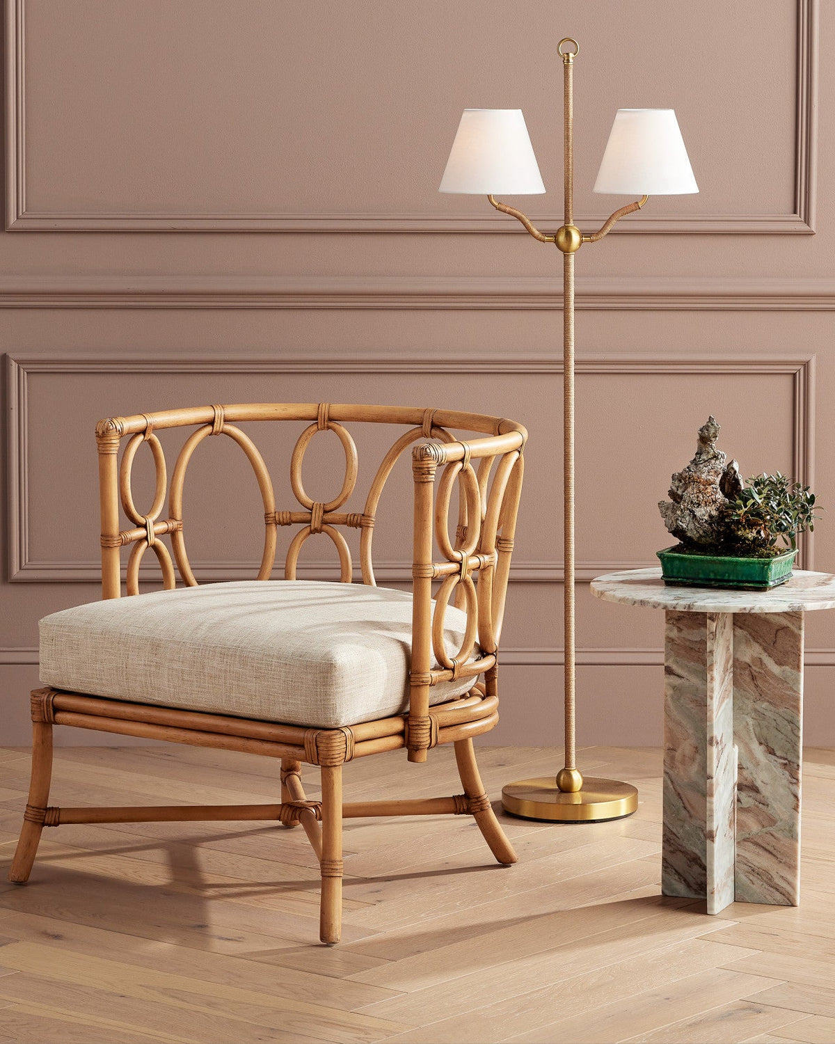 56-Inch Jute-Wrapped Two-Light Floor Lamp with Linen Shades