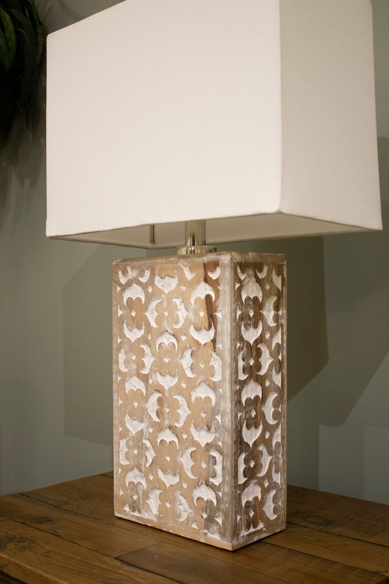 26-Inch Floral-Carved Wood Table Lamp with Cotton Shade