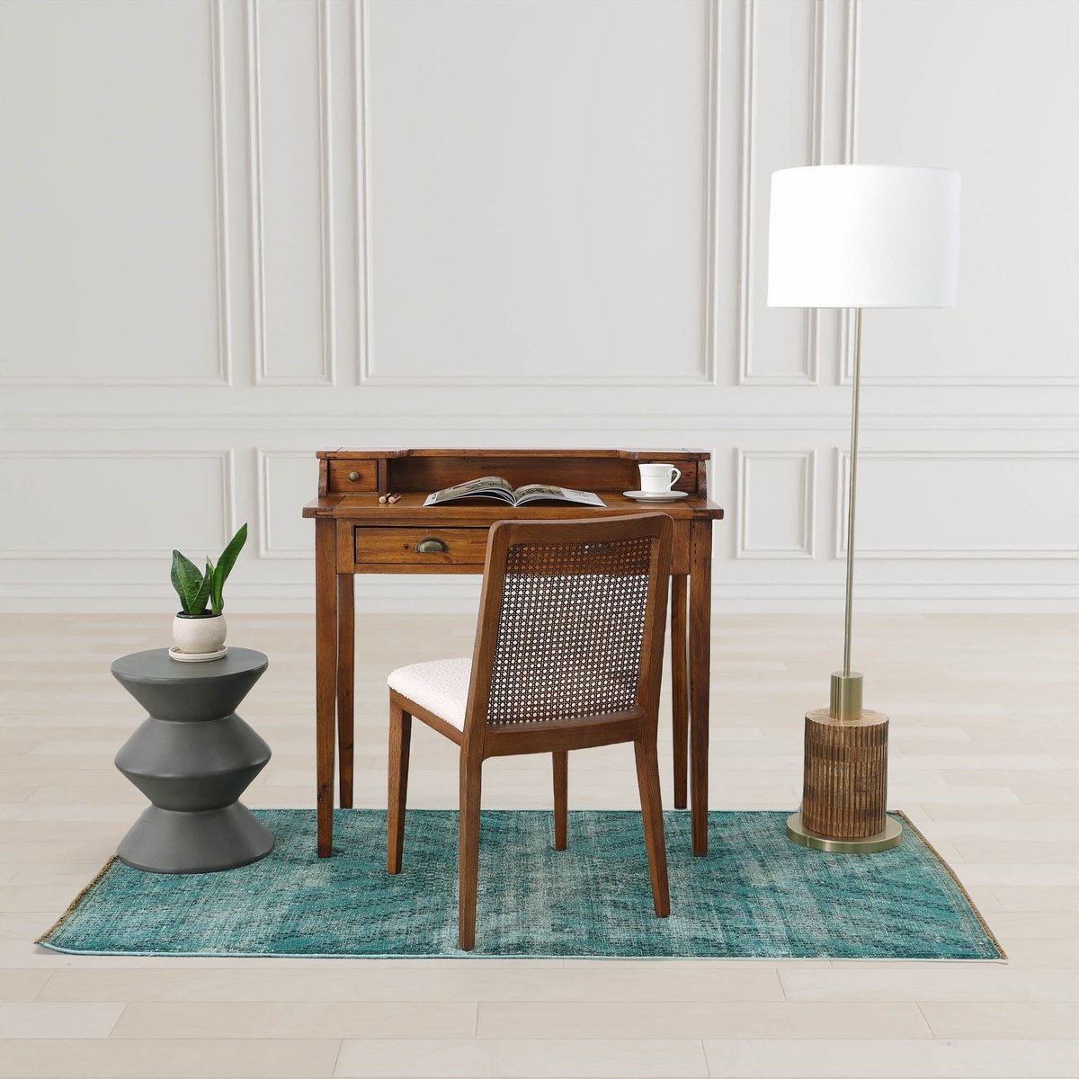 60-Inch Wood and Brass-Finish Iron Floor Lamp with Cotton Shade