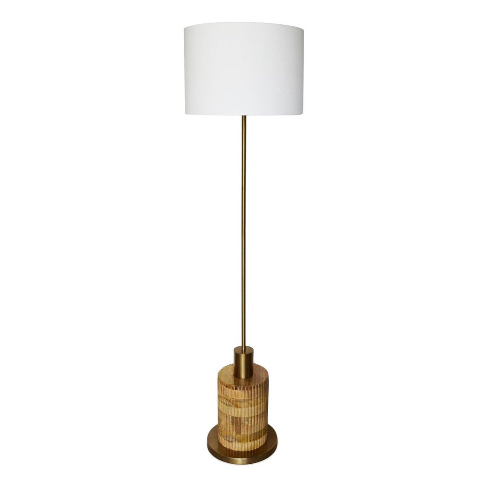 Lampadaire de 60 pouces en bois et fer finition laiton avec abat-jour en coton