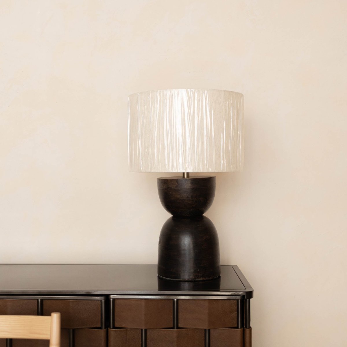 26-Inch Dark Brown Mango Wood Table Lamp with Cotton Shade