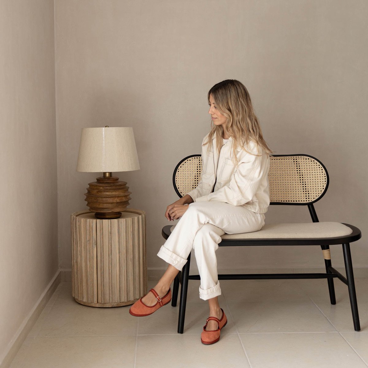 24-Inch Natural Mango Wood Table Lamp with Cotton Shade