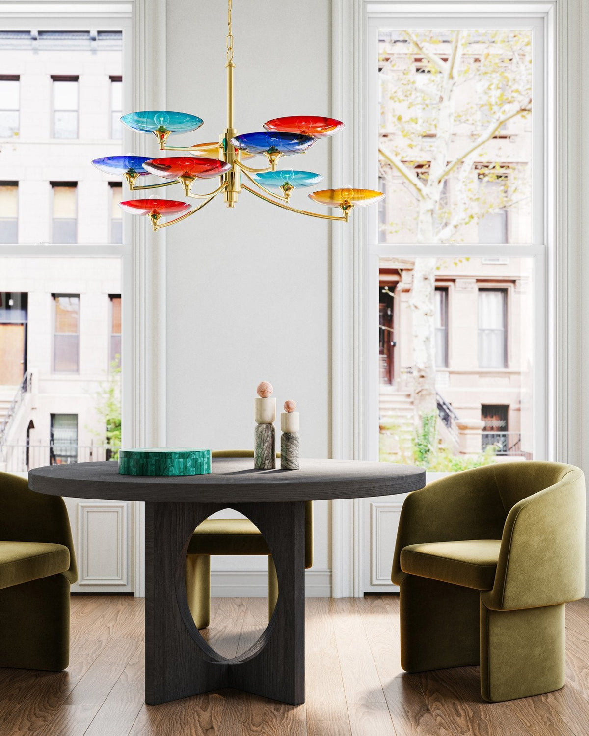 Nine-Light Polished Brass and Colored Glass Chandelier