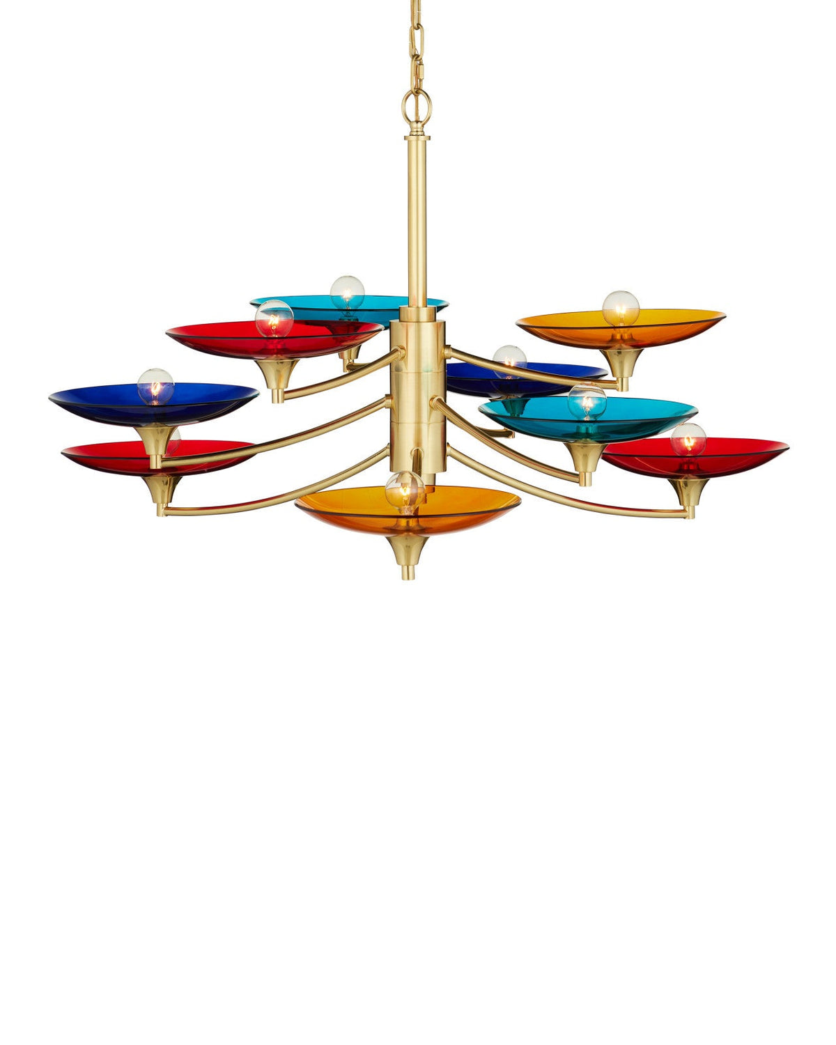Nine-Light Polished Brass and Colored Glass Chandelier