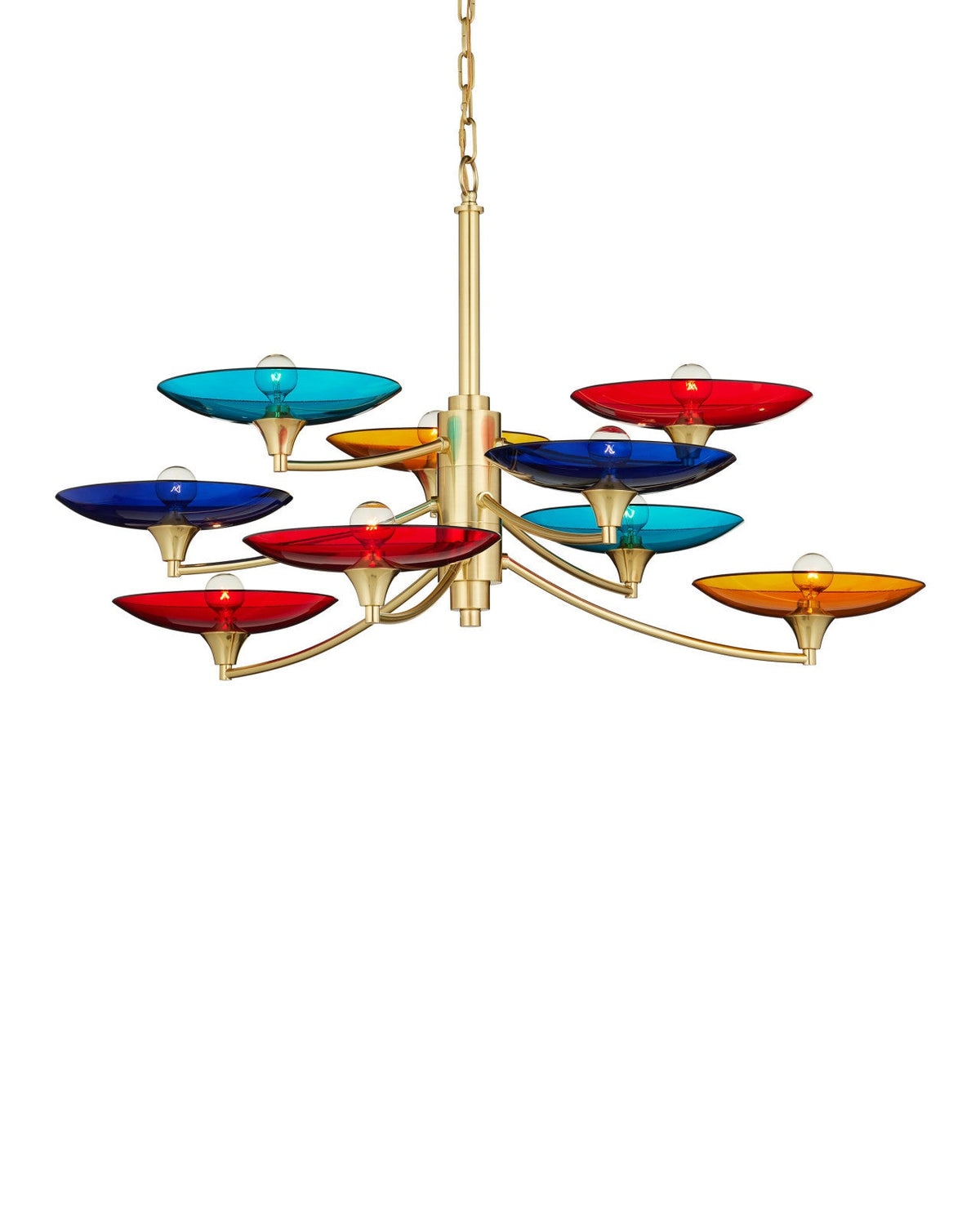Nine-Light Polished Brass and Colored Glass Chandelier