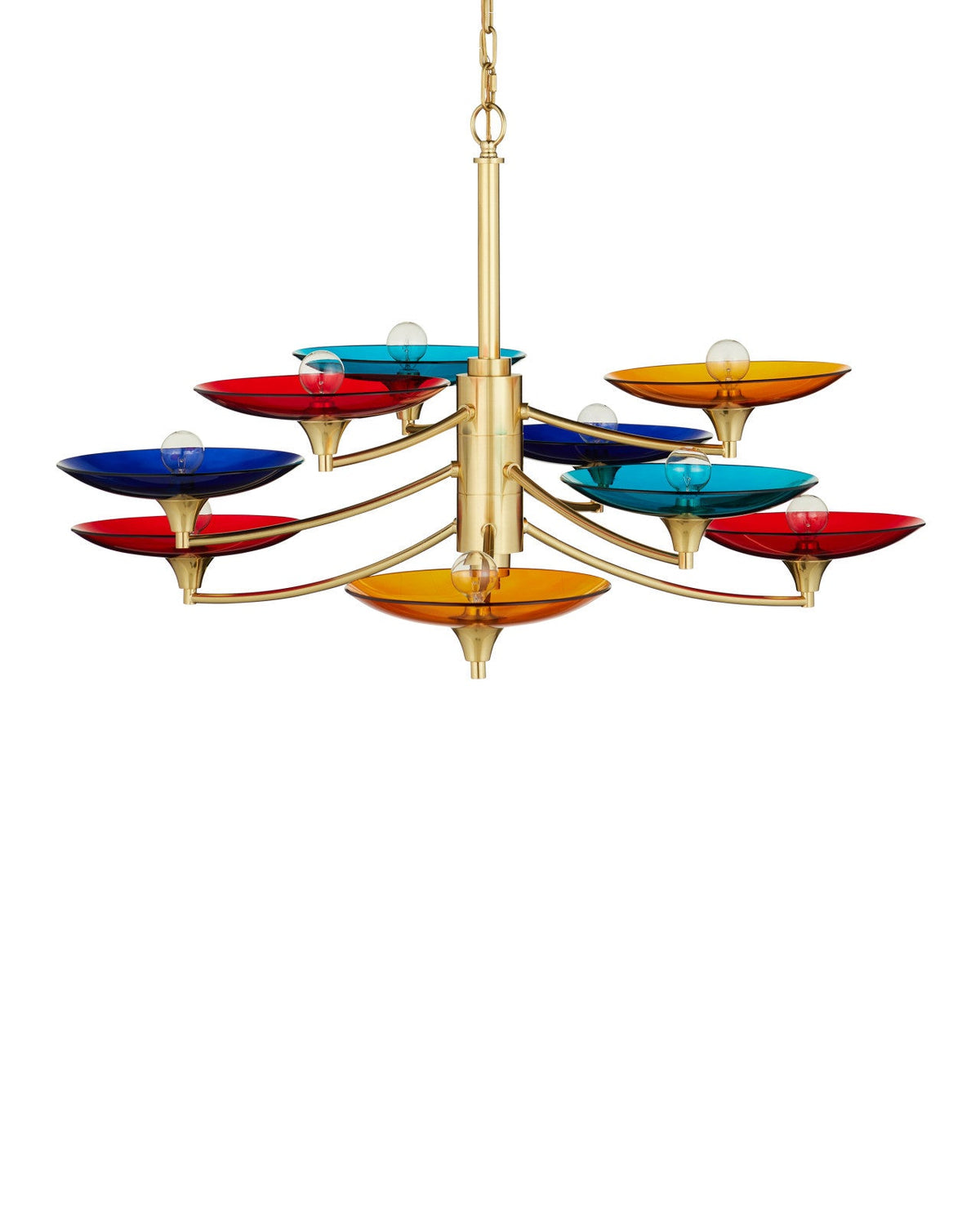 Nine-Light Polished Brass and Colored Glass Chandelier