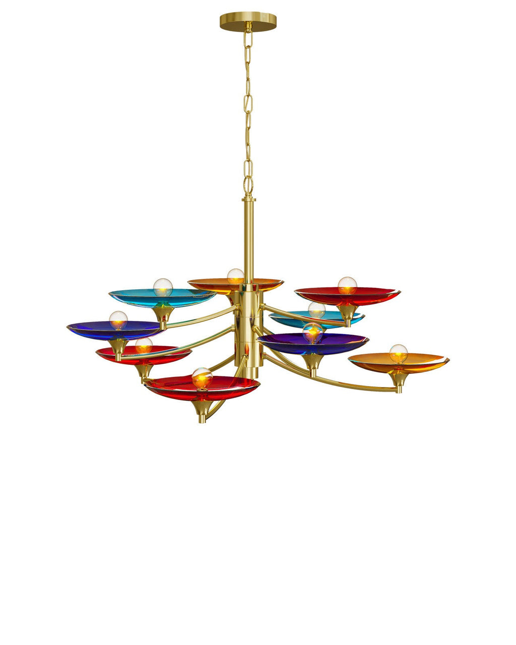 Nine-Light Polished Brass and Colored Glass Chandelier