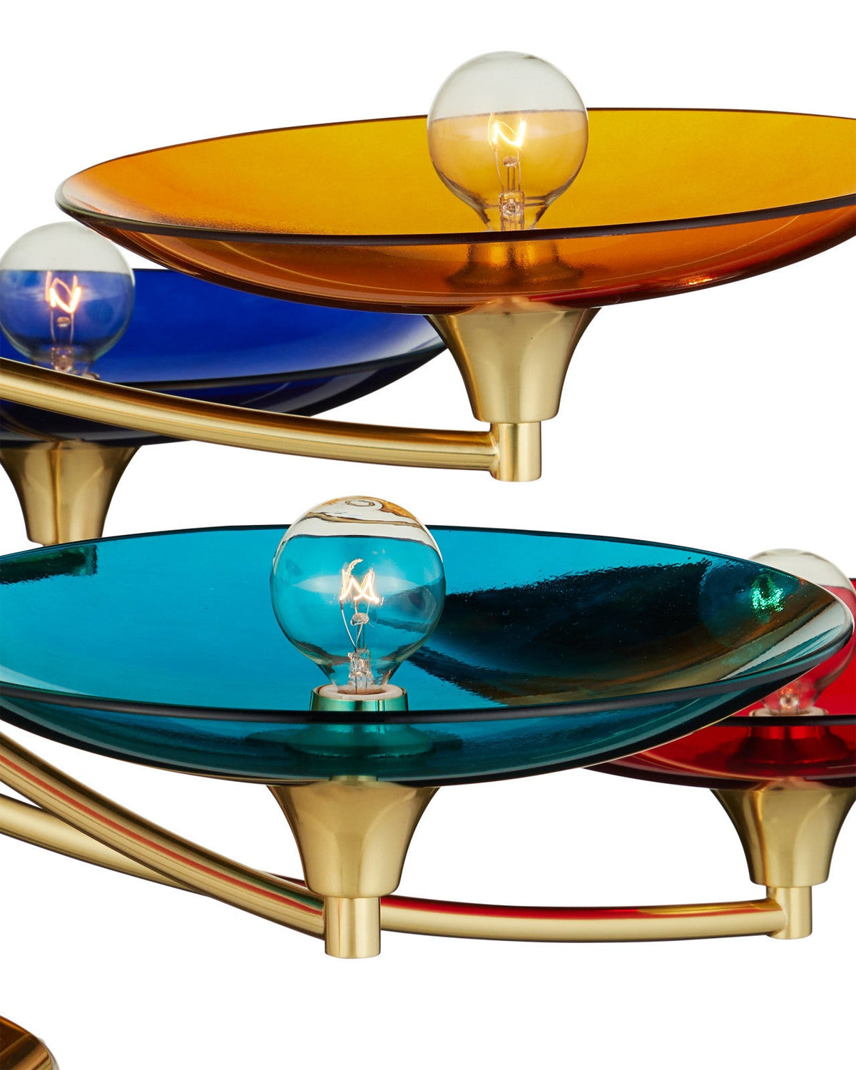Nine-Light Polished Brass and Colored Glass Chandelier