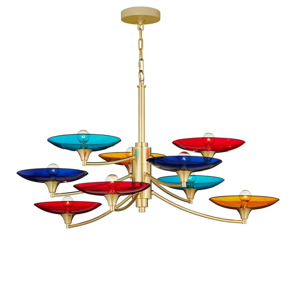 Nine-Light Polished Brass and Colored Glass Chandelier