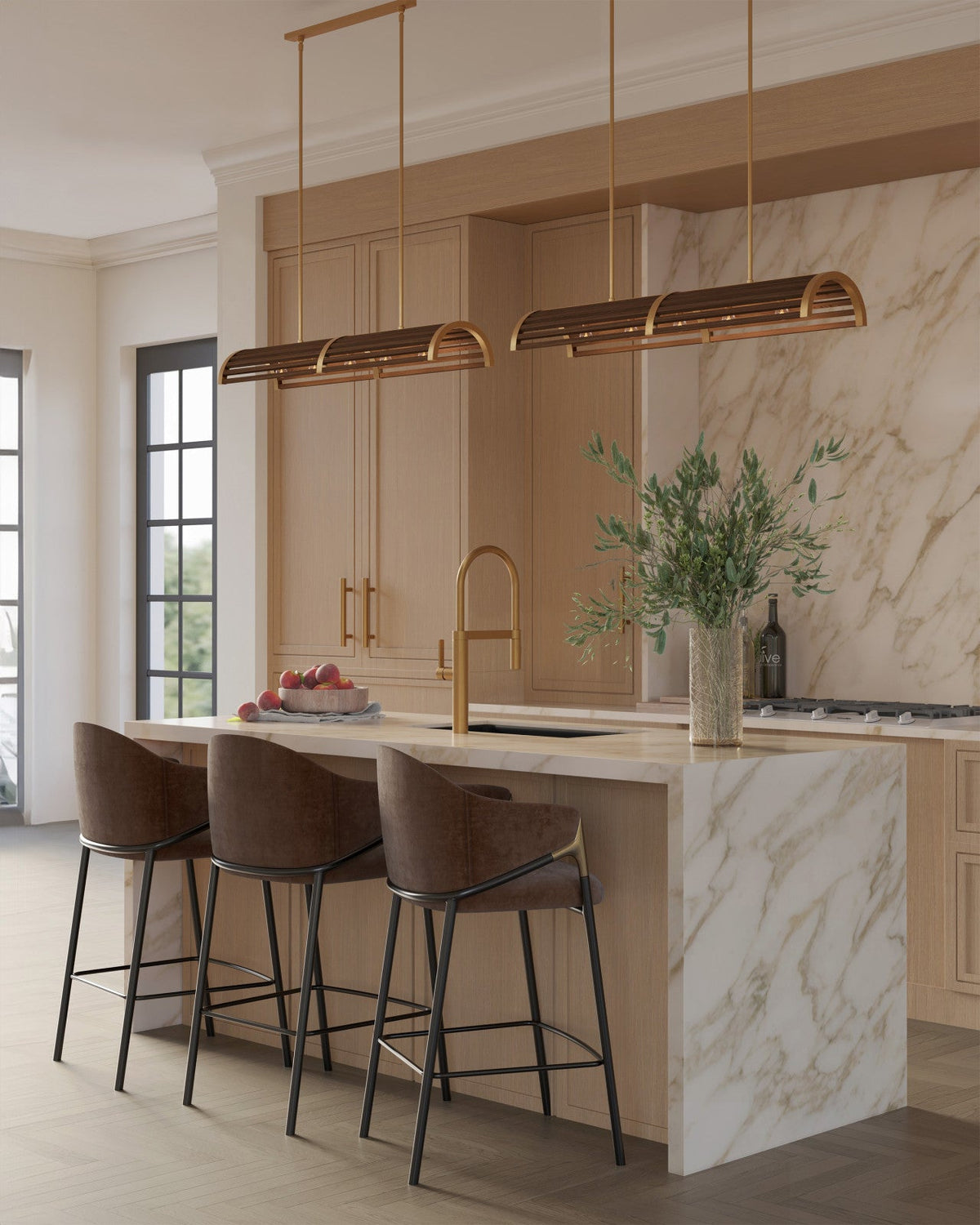 42-Inch Chestnut Wood and Brass-Finish Linear Chandelier